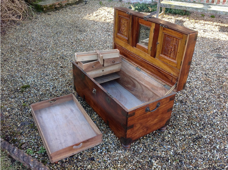 18th century camphor wood sea chest with becket rope handles